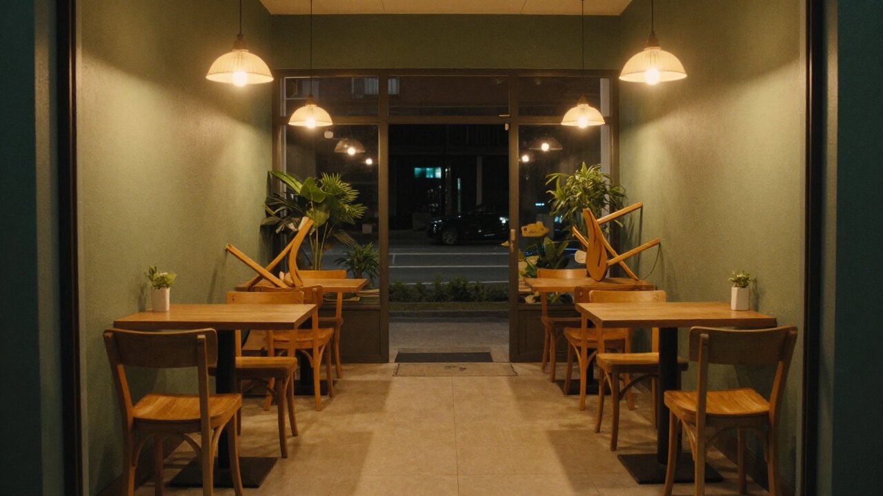 打烊后的小店，椅子倒扣在桌上，暖灯亮着