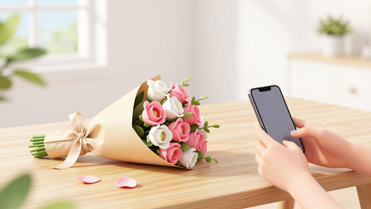 木桌上放着包好的花束、手机与牛皮纸,窗边光线明亮